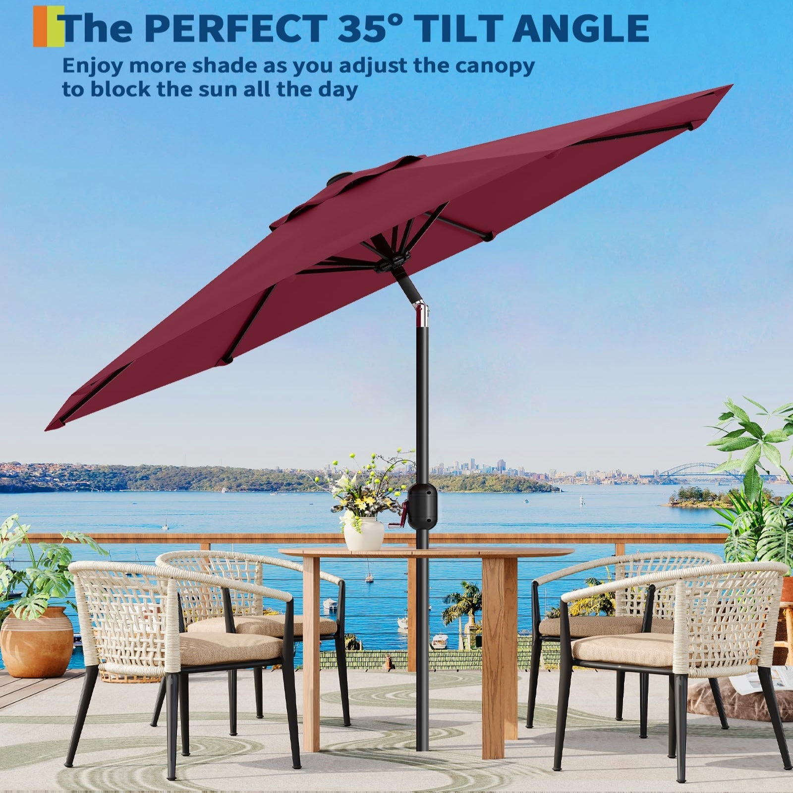 Garvee 9' Outdoor Patio Umbrella, Outdoor Table Umbrella, Market Umbrella with Push Button Tilt and Crank, 8 Sturdy Ribs UV Protection Waterproof for Garden, Deck, Backyard, Pool, Dark Red