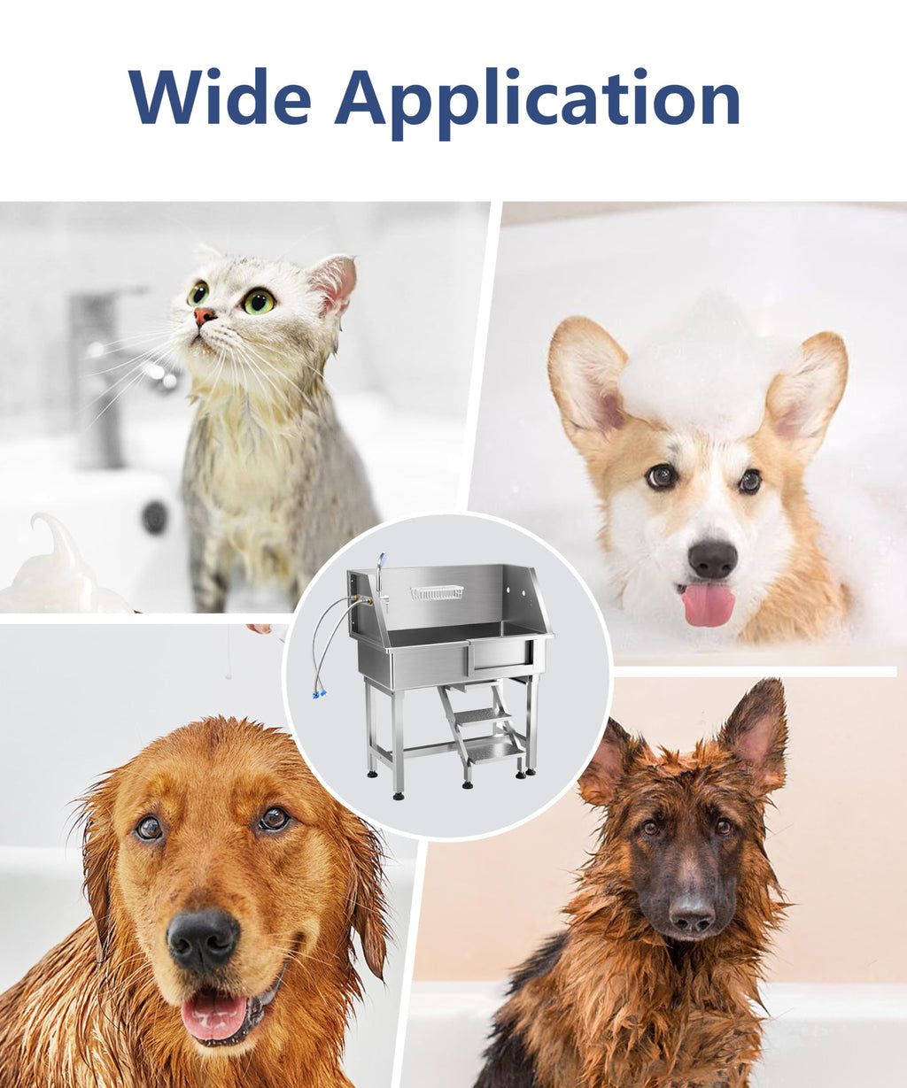 Garvee 34" Dog Grooming Bathtub, Professional Stainless Steel Pet Dog Bathing Station for Small Pets, Left Door & Stairs with Faucet, Sprayer, Drain