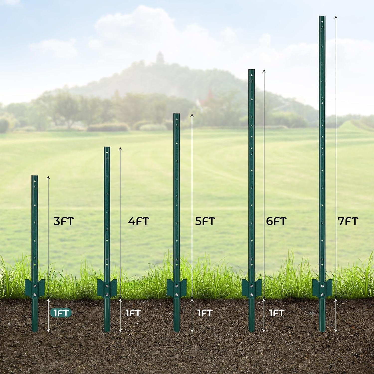 Garvee 12-Pack 4FT Steel T-Post Fence Stakes - Heavy-Duty Metal Garden Fencing Poles for Farms, Yard, Lawn