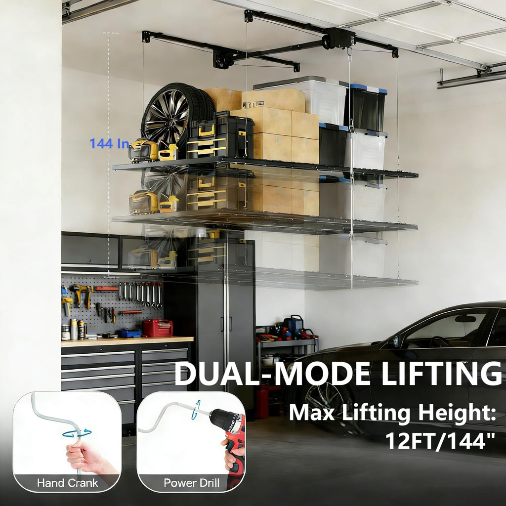 Garvee 4x8 FT Overhead Garage Lifting Storage Rack, Heavy-Duty Metal, Adjustable, Safety Lock, Black