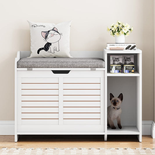 Garvee Cat Litter Box Enclosure with Cushion, Hidden Cat Litter Box Furniture, Cat Litter Box Furniture with Top Opening, Flip Top Litter Box Enclosure Cat House, White