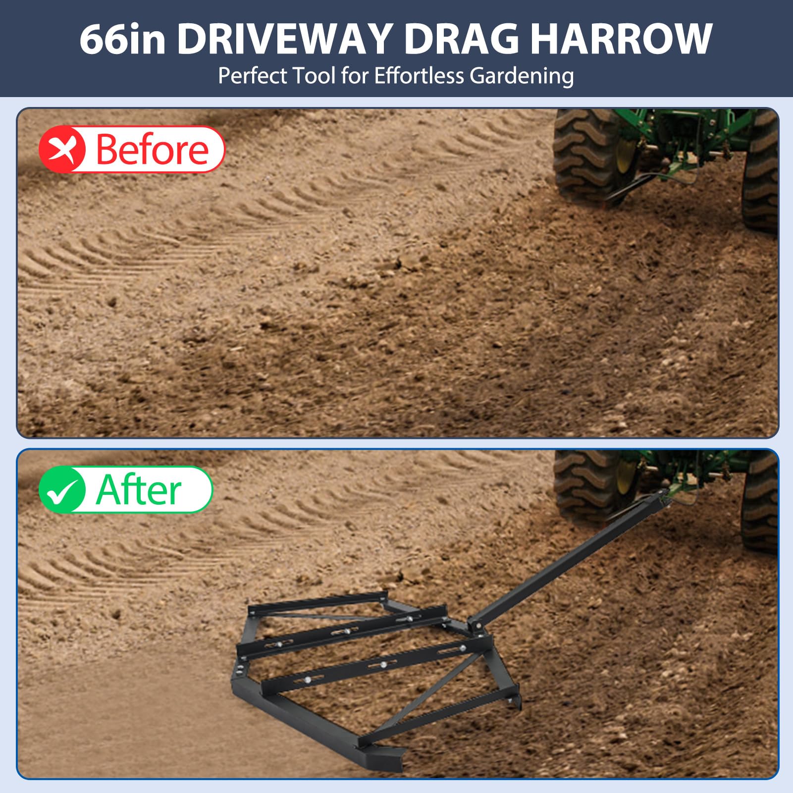 Garvee 66 Inch Width Driveway Drag with 3 Sets Adjustable Bolts 2 Reinforcement Bars, Tow Behind Drag Harrow with Pin-Style Hitch for ATVs UTV