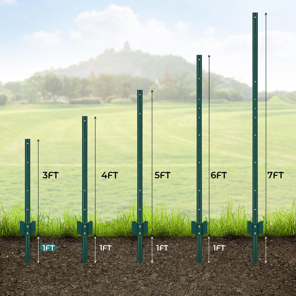 Garvee 4FT Metal Fence Posts, Pack of 6 - U-Shaped Steel Stakes, Rust-Resistant Heavy Duty Green Fence Posts for Garden, Yard, Farm, No-Dig Installation