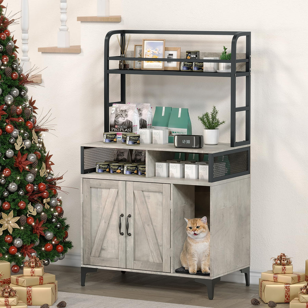 Garvee Cat Litter Box Enclosure, 3 Shelves, Modern Style, Hidden Litter Box Furniture with Storage and Doors, Grey