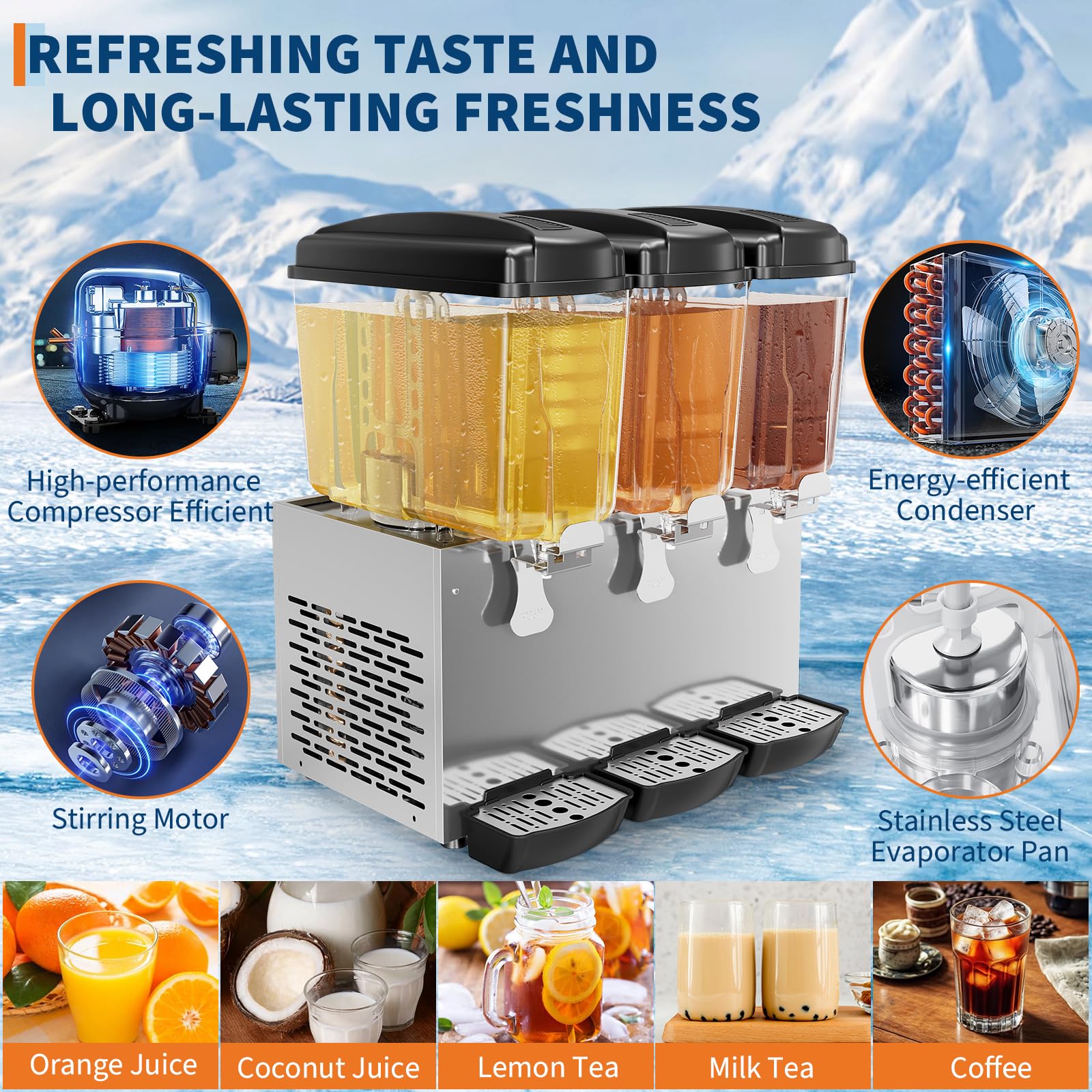 Garvee Commercial Beverage Dispenser 3 Tanks 18L Each Stainless Steel Juice Dispenser for Restaurant Bar Party Cold Drinks