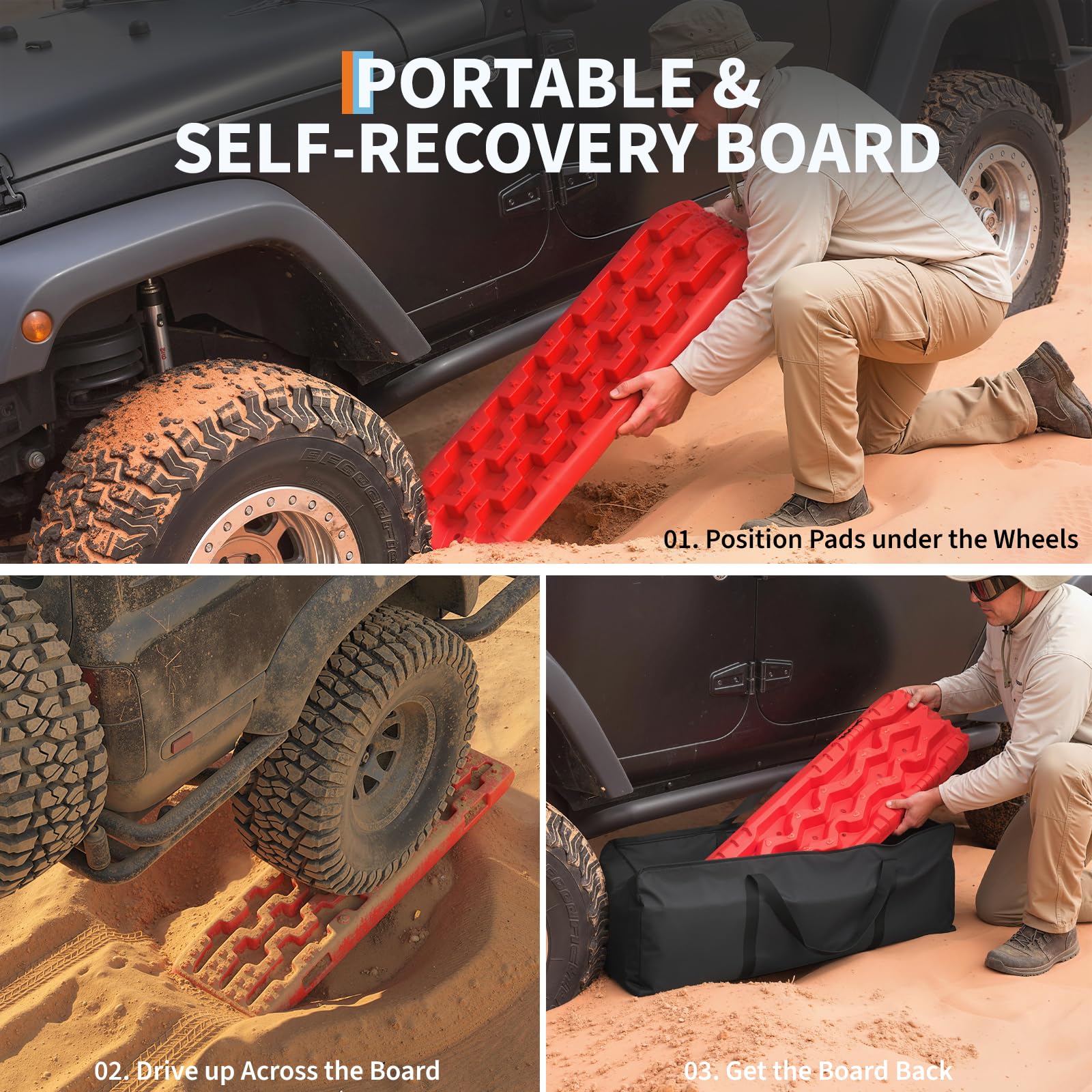 Garvee 2 Pack Off-Road Traction Boards - Durable Recovery Boards for Snow and Sand, 28"x10.8"x2.6", Black