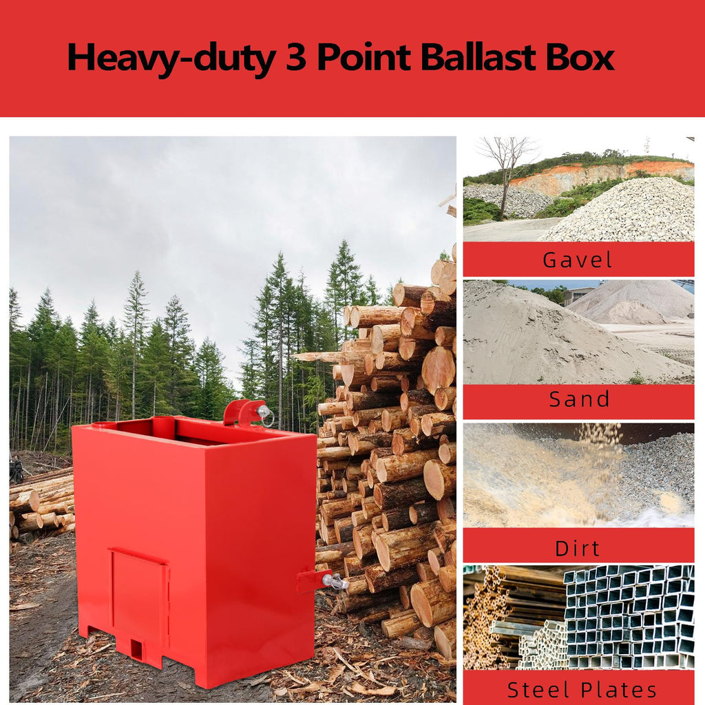 Garvee 3 Point Ballast Box with 2" Hitch Receiver, Category 1 Ballast Box 3 Point Fits Cat 1, 800 Lbs Tractor Ballast Box, 3 Point Quick Hitch Loader Attachment Red