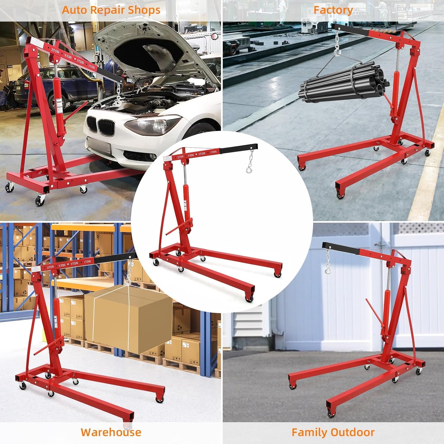 Garvee 2T Folding Hydraulic Crane With Triangular Structure And Wheels For Automotive Repair Shops, Workshops, Warehouses, Carbon Steel, Foldable Design