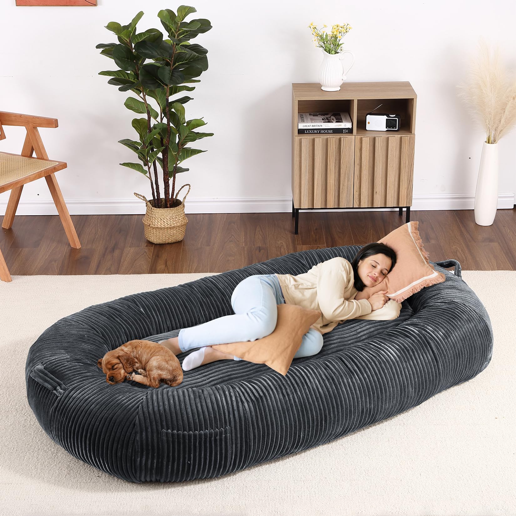Garvee Dog Bed for Adult, Human Size Giant Dog Bed for Men and Women, 71”x48”x14” Human Dog Lazy Sofa Bed for People and Pets, Washable Strip Flannel Nap Bed Adult Oval, Human-Sized Dog Bed,Dark Grey