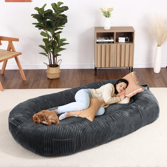 Garvee Dog Bed for Adult, Human Size Giant Dog Bed for Men and Women, 71”x48”x14” Human Dog Lazy Sofa Bed for People and Pets, Washable Strip Flannel Nap Bed Adult Oval, Human-Sized Dog Bed,Dark Grey