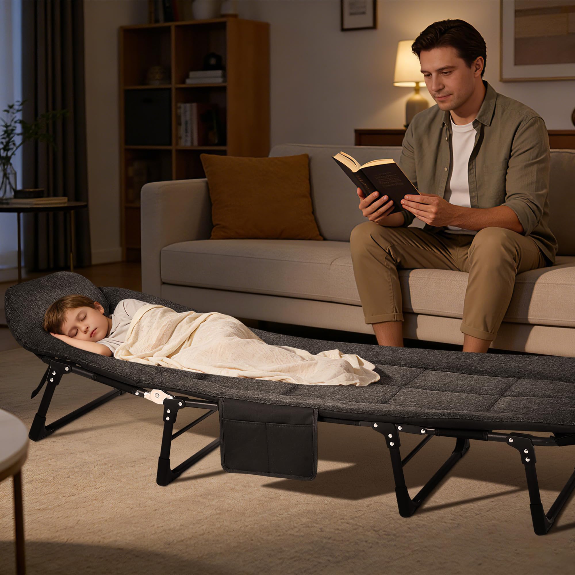 Garvee 79" Portable Folding Bed With Cushion And Pillow, Camping Cot For Adults, Lightweight, Black