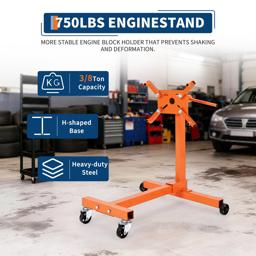 Garvee Engine Stand 750 LBS Rotating Folding Steel 4 Caster Base 4 Adjustable Arms 33.5x29.5x35.4 Inch for Auto Repair Garage, Orange
