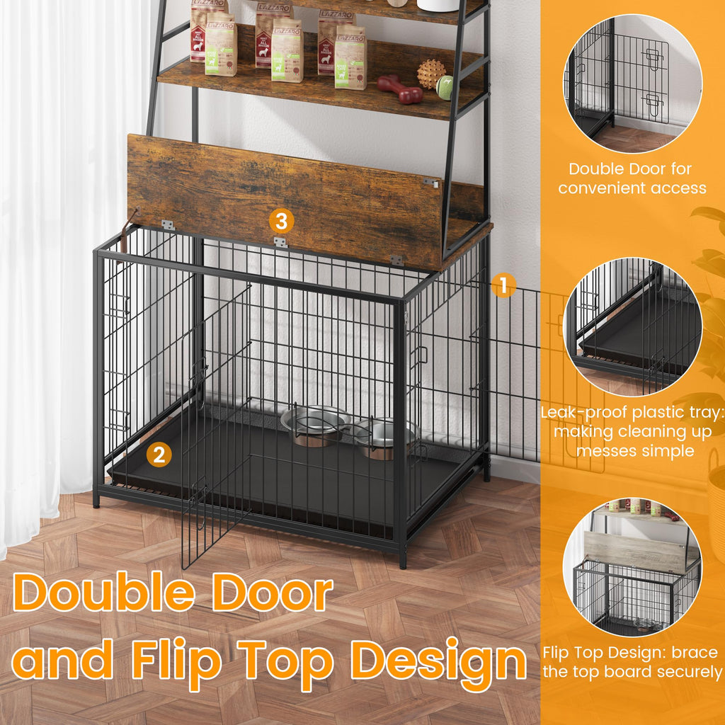 Garvee Wooden Dog Crate Furniture with Storage Shelves, Removable Tray, Double Doors, Adjustable Bowls and Flip-up Top, Brown