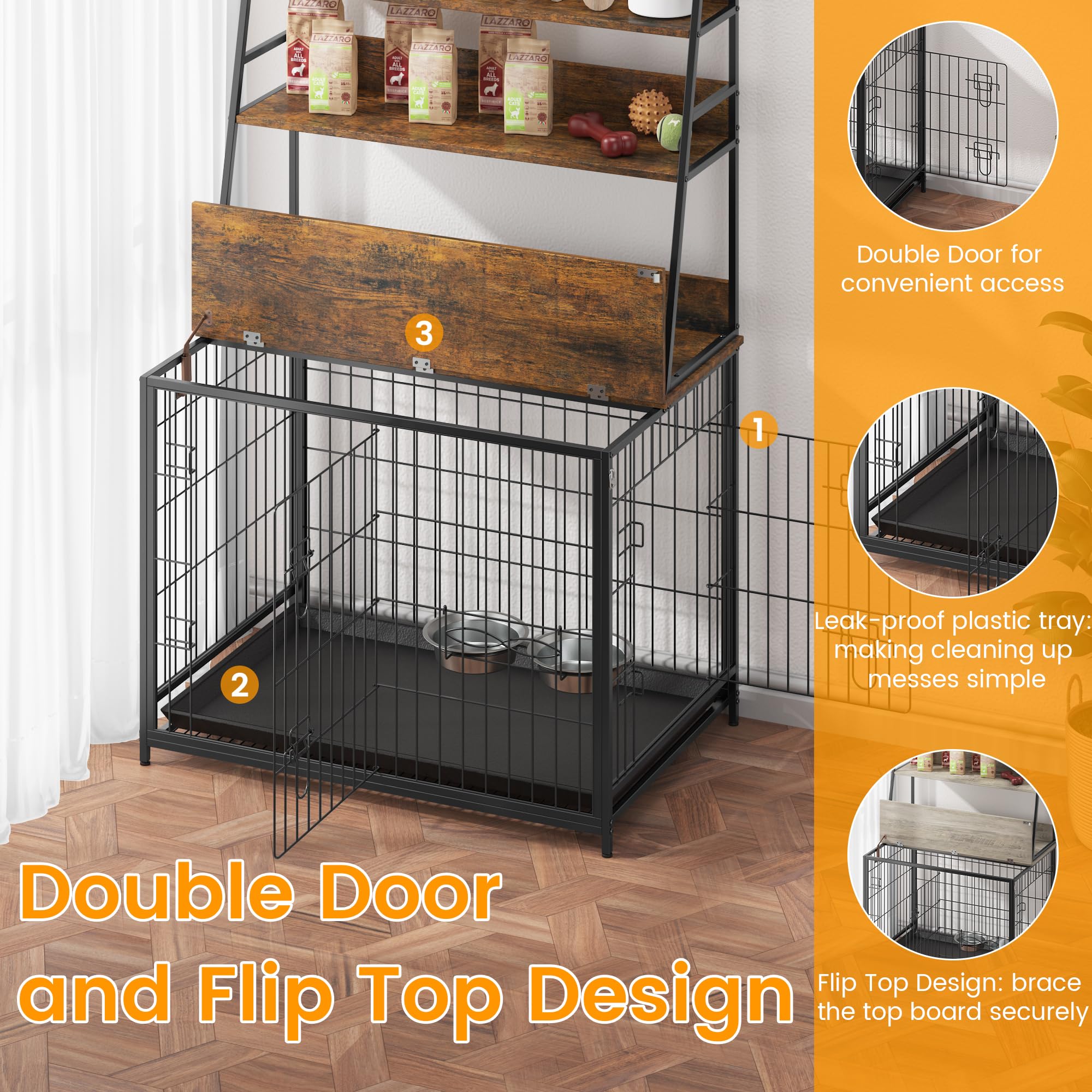 Garvee Wooden Dog Crate Furniture with Storage Shelves, Removable Tray, Double Doors, Adjustable Bowls and Flip-up Top, Brown