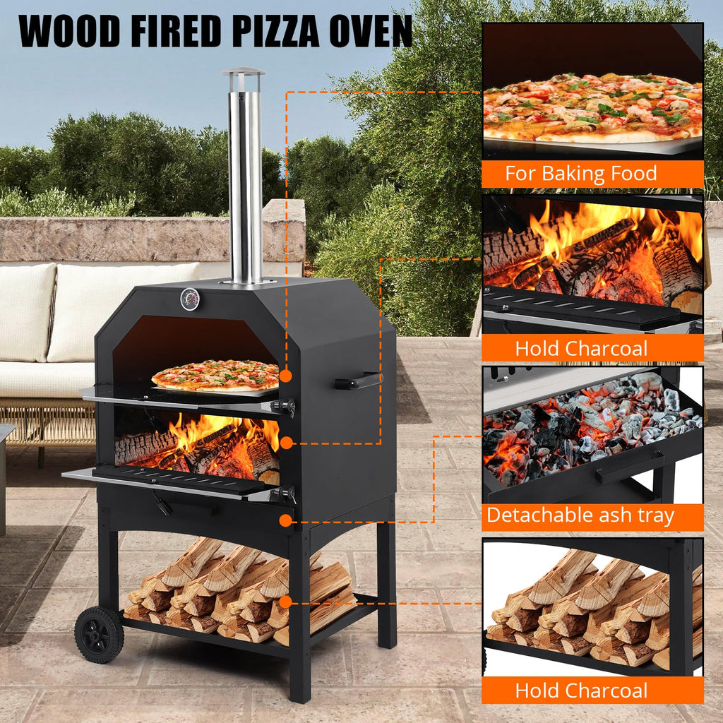 Garvee Outdoor Pizza Oven, Wood-Fired with Wheels, 12" Pizza Stone, Waterproof Cover, Pizza Peel & Accessories for Camping, Backyard BBQ, and Parties