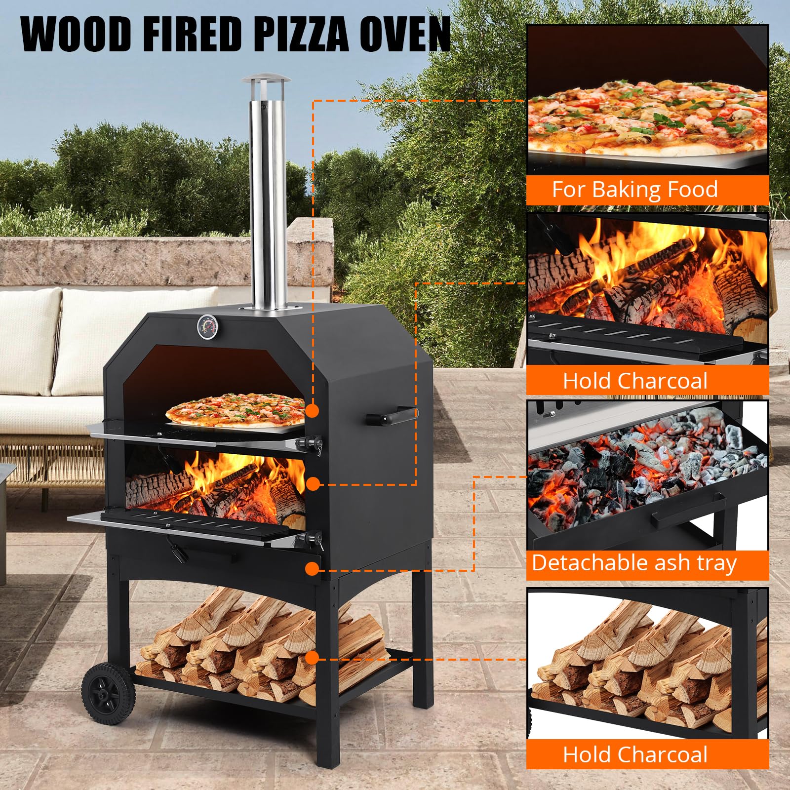 Garvee Outdoor Pizza Oven, Wood-Fired with Wheels, 12" Pizza Stone, Waterproof Cover, Pizza Peel & Accessories for Camping, Backyard BBQ, and Parties