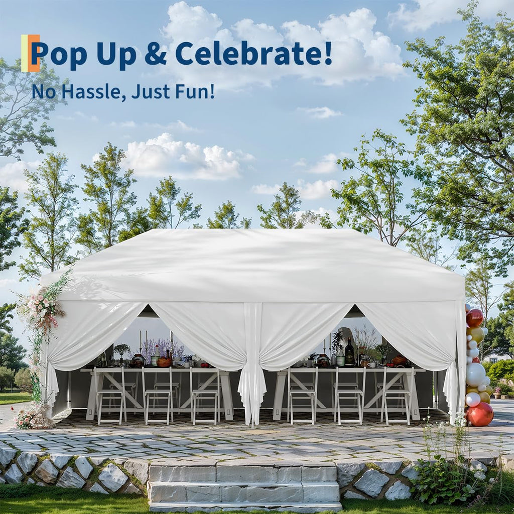 Garvee 10'x20' Pop Up Canopy Tent Outdoor Canopy One-Person Set Up Heavy Duty Commercial Instant Tent Shelter, 6-Sidewall+White