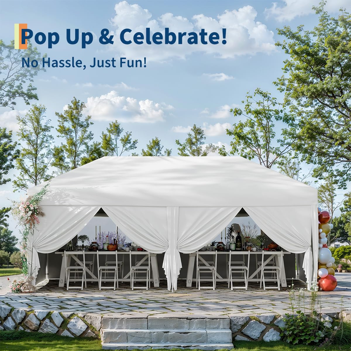 Garvee 10'x20' Pop Up Canopy Tent Outdoor Canopy One-Person Set Up Heavy Duty Commercial Instant Tent Shelter, 6-Sidewall+White