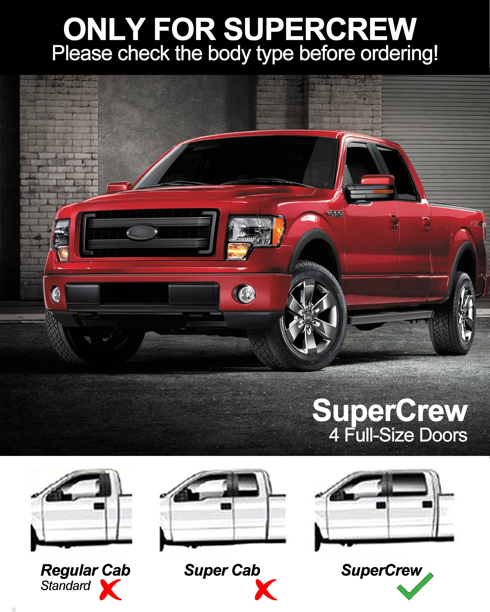 Garvee 6.3 Inch Running Boards for 2009-14 Ford F150 Super Crew - Silver/Stainless Steel