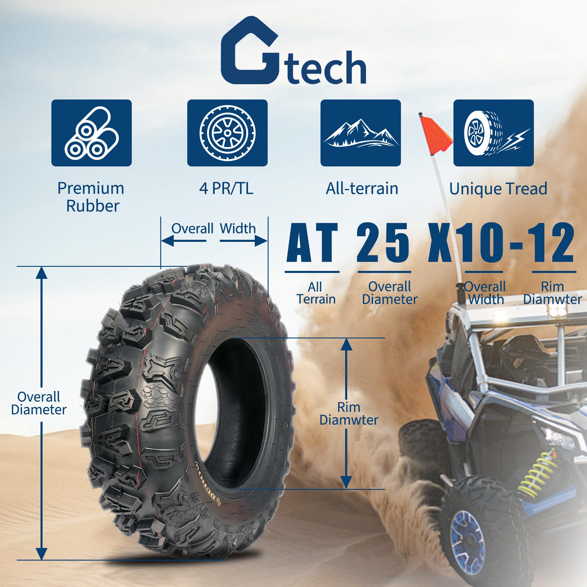 Garvee 25x10-12 ATV UTV Tires Tubeless All Terrain Off-Road Wide Footprint Extra Grip Mud Sand Rock
