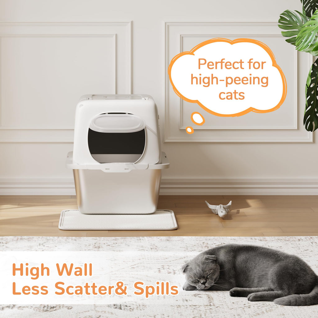 Garvee Stainless Steel Litter Box with Lid Large Enclosed Cat Box for Big Cats Metal High Sided Enclosure Scoop Litter Mat Odor Free