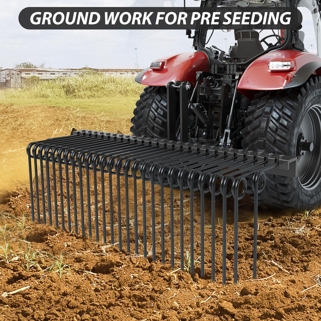 Garvee 72 Inch Pine Straw Needle Rake, 3 Point Landscape Rake, Powder Coated Steel Spring Tow Behind Rake, Tractor Rake Attachments for Leaves Straw Grass Attach to Cat 0 Cat 1, Black