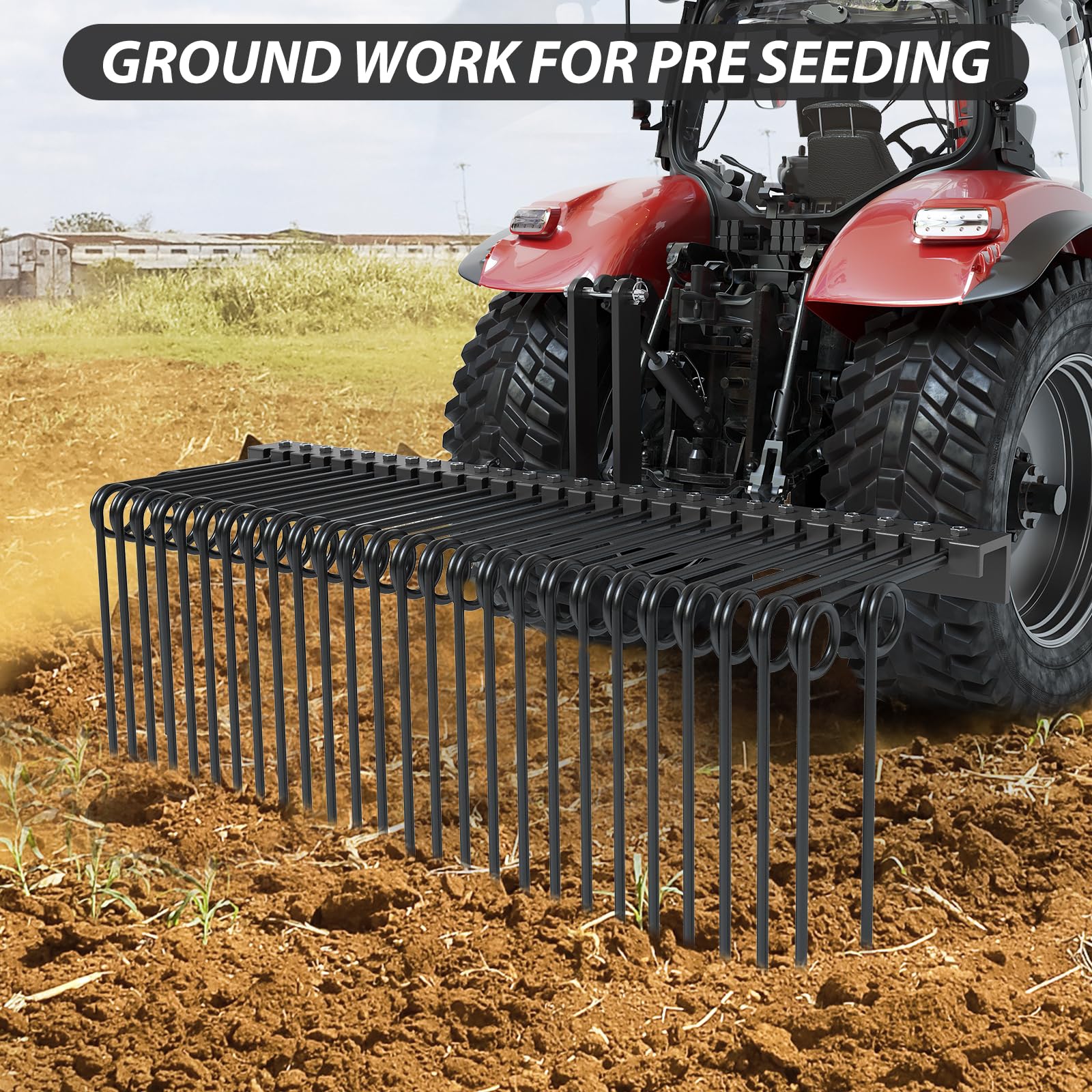 Garvee 72 Inch Pine Straw Needle Rake, 3 Point Landscape Rake, Powder Coated Steel Spring Tow Behind Rake, Tractor Rake Attachments for Leaves Straw Grass Attach to Cat 0 Cat 1, Black