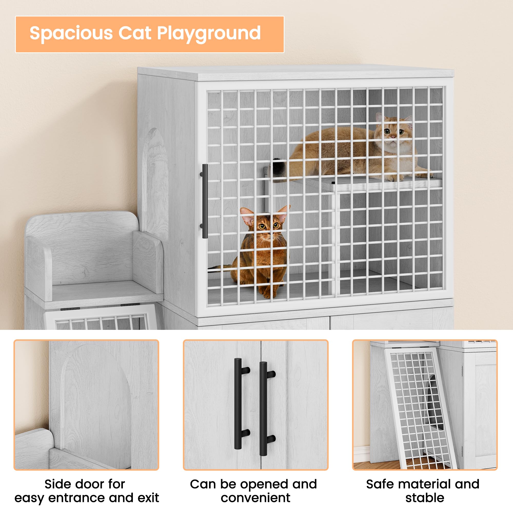 Garvee Villa Cat Litter Box Enclosure, Double Layer, MDF & Iron, Hidden Furniture, Ladder, 33.5" L x 17.9" W x 41.9" H, Antique White