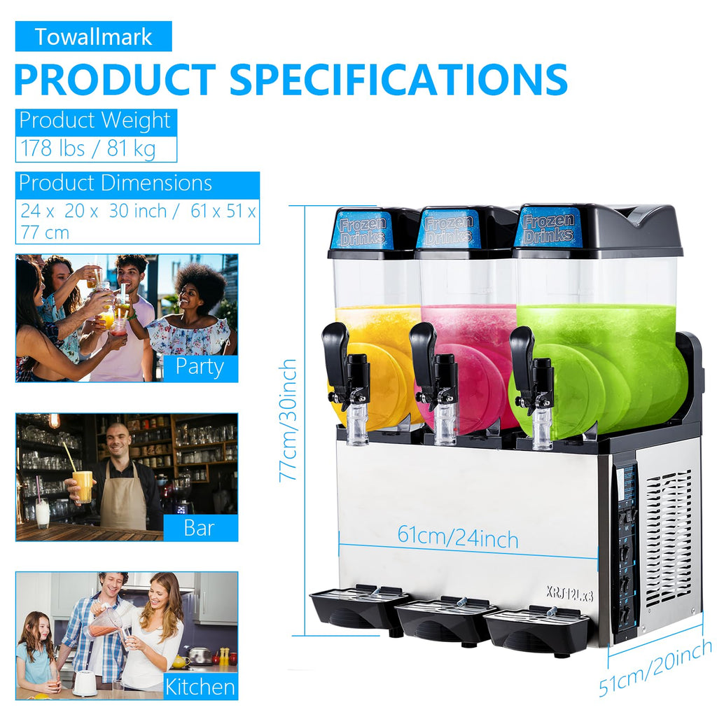 Garvee Commercial Slushy Machine 36L (12L x3) 660W – Stainless Steel & Food-Grade PC Tanks for Restaurants, Bars, Events