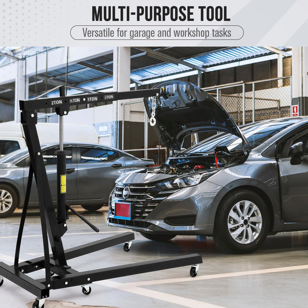 Garvee 2-Ton Folding Hydraulic Engine Hoist - Heavy-Duty Engine Crane with Leveler, Telescopic Boom, and 6 Casters for Garage, Workshop, and Warehouse, Black