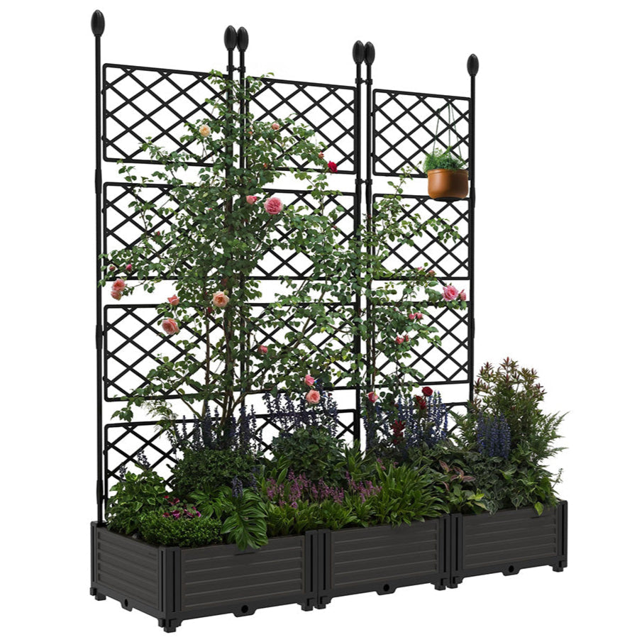 Garvee 3-Pack PP Planter Boxes with Trellis, 48.8" x 16.2" X 63" Modular Red & Privacy Screen, Black