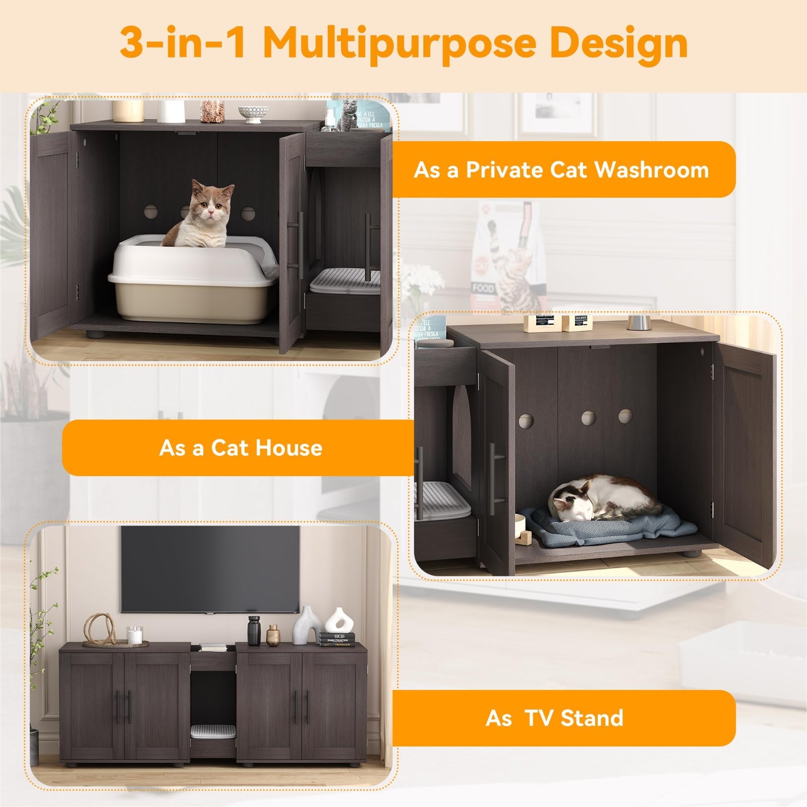 Garvee Hidden Litter Box Enclosure for 2 Cats, Double Room Cat Furniture Cabinet with Storage Groove & Odor-Reducing Mat, Wooden Cat Washroom Bench for Living Room, Dark Walnut