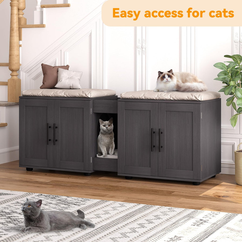 Garvee Hidden Litter Box Enclosure for 2 Cats, Double Room Cat Furniture Cabinet with Storage Groove & Odor-Reducing Mat, Wooden Cat Washroom Bench for Living Room, Dark Walnut