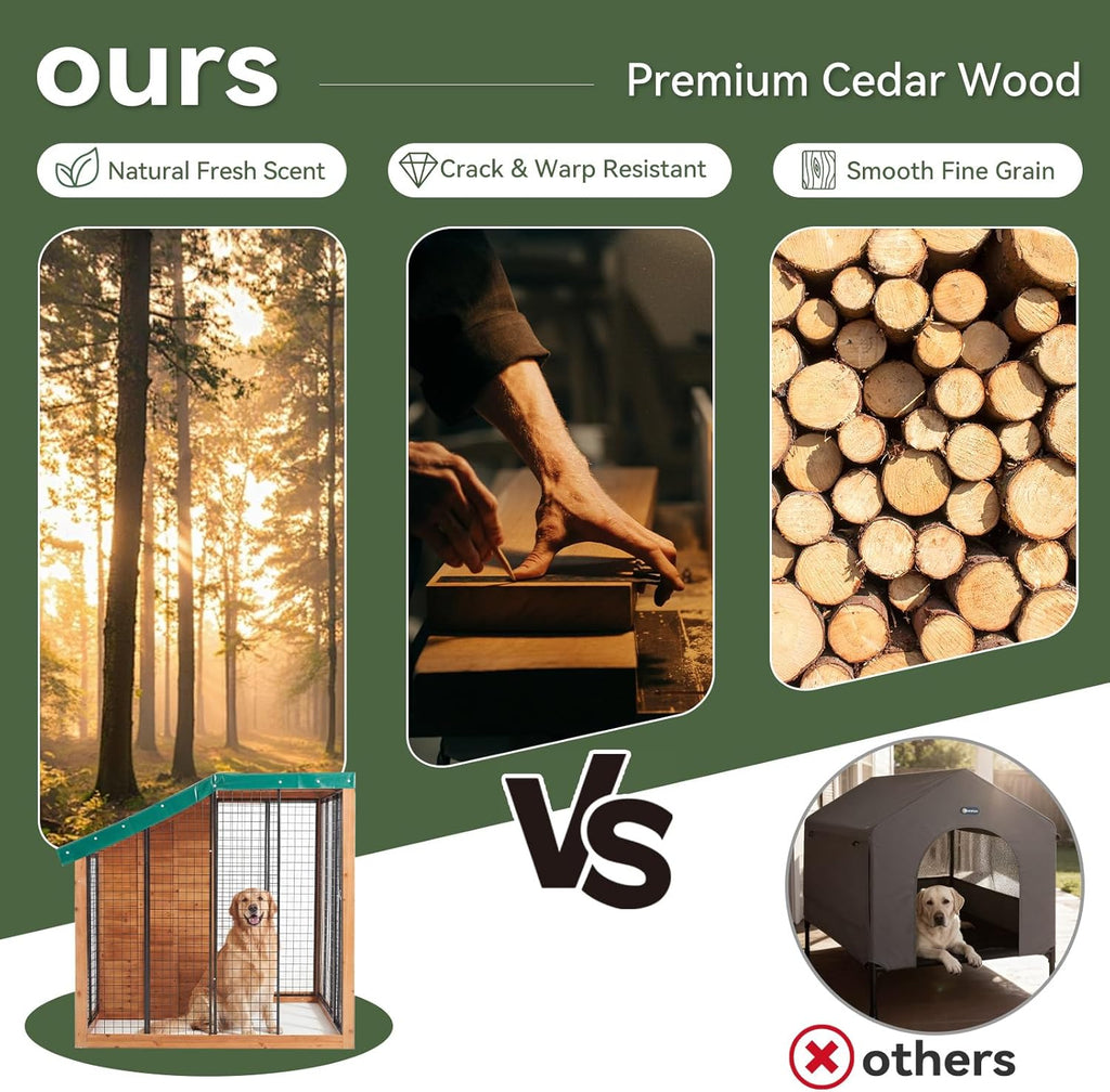 Garvee Large Outdoor Cedar Wood Dog House, Weatherproof Dog Kennel with Roof, Rear Door, Secure Lock & Built-in Storage Outdoor Safe Pet Shelter for Medium to Large Dogs, Wood