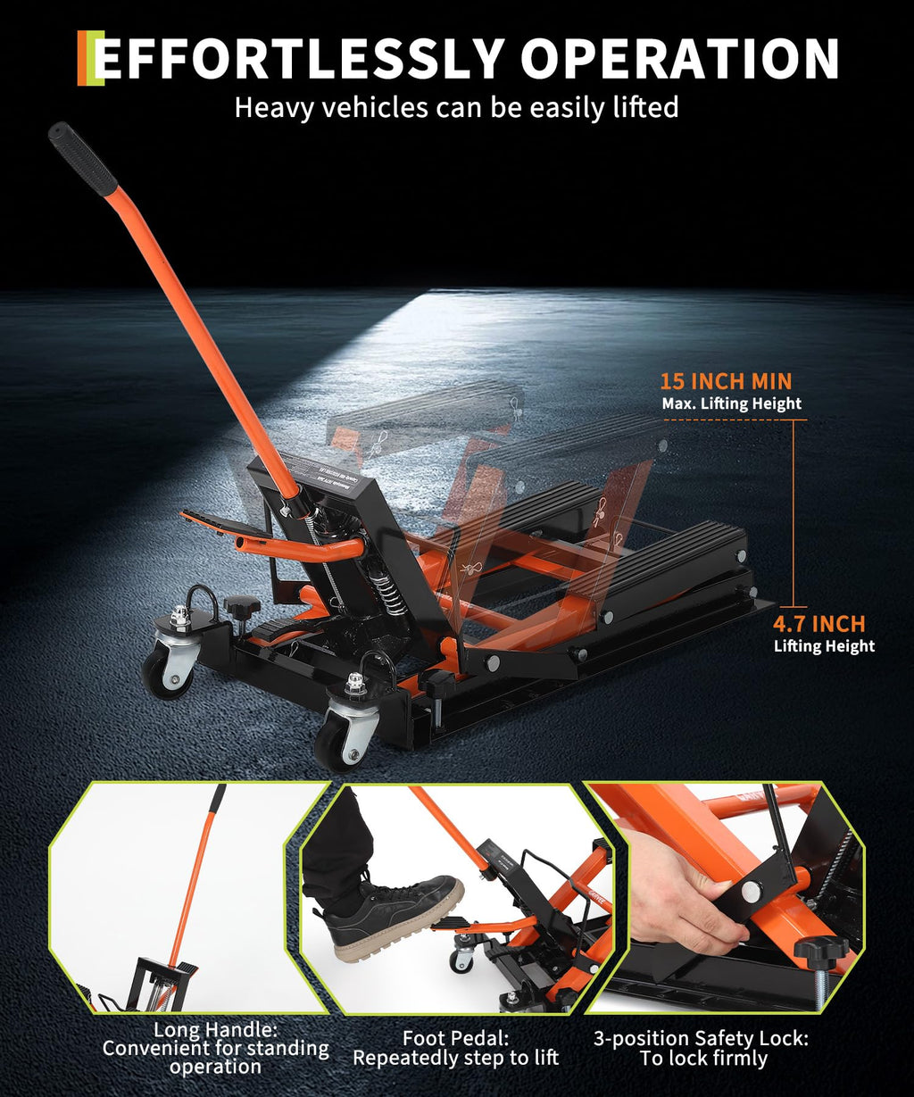 Garvee Hydraulic Motorcycle Lift Jack - 1500 lbs Capacity ATV Scissor Jack with 4.7"-14.57" Height Adjustment, Non-Slip Platform for Motorcycles, ATVs, and UTVs, Black Orange