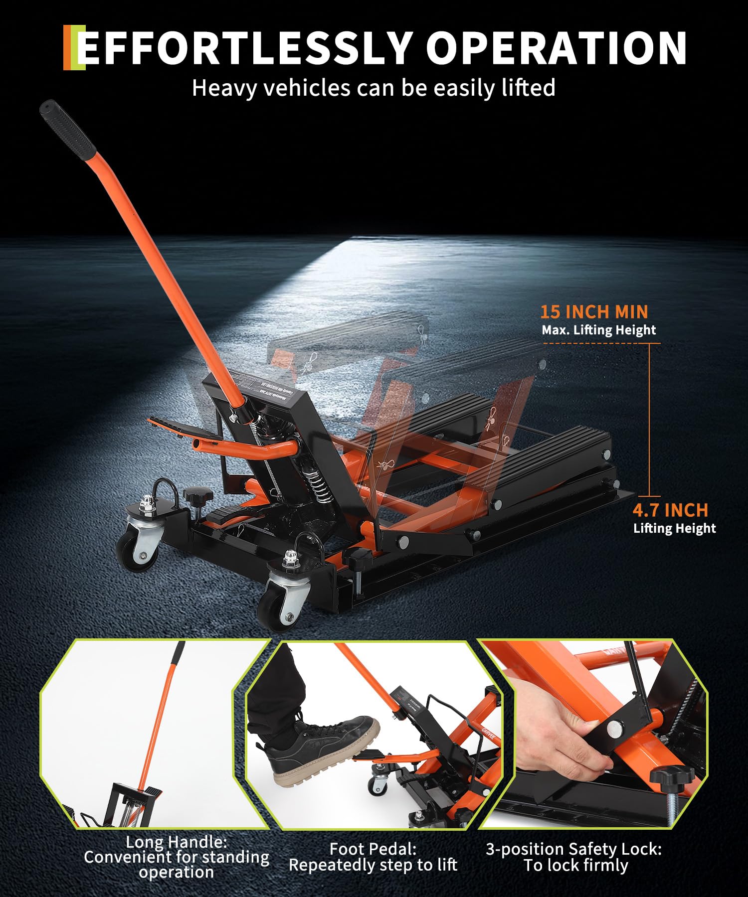 Garvee Hydraulic Motorcycle Lift Jack - 1500 lbs Capacity ATV Scissor Jack with 4.7"-14.57" Height Adjustment, Non-Slip Platform for Motorcycles, ATVs, and UTVs, Black Orange