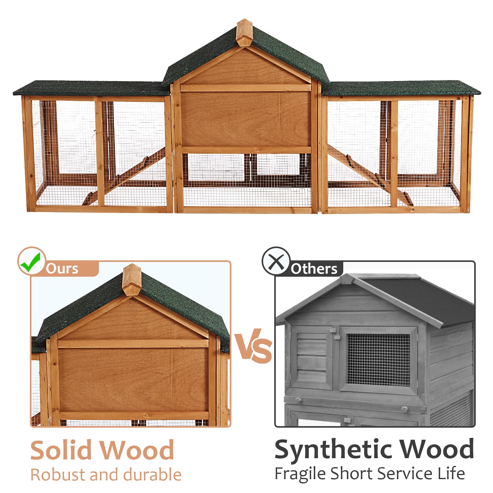 Garvee 80in Wooden Rabbit Hutch, 2-Level Small Animal House with Double Side Runs, Weatherproof Roof, Removable Tray & Ramps for Rabbits, Guinea Pigs, Quails & Bantam Chickens