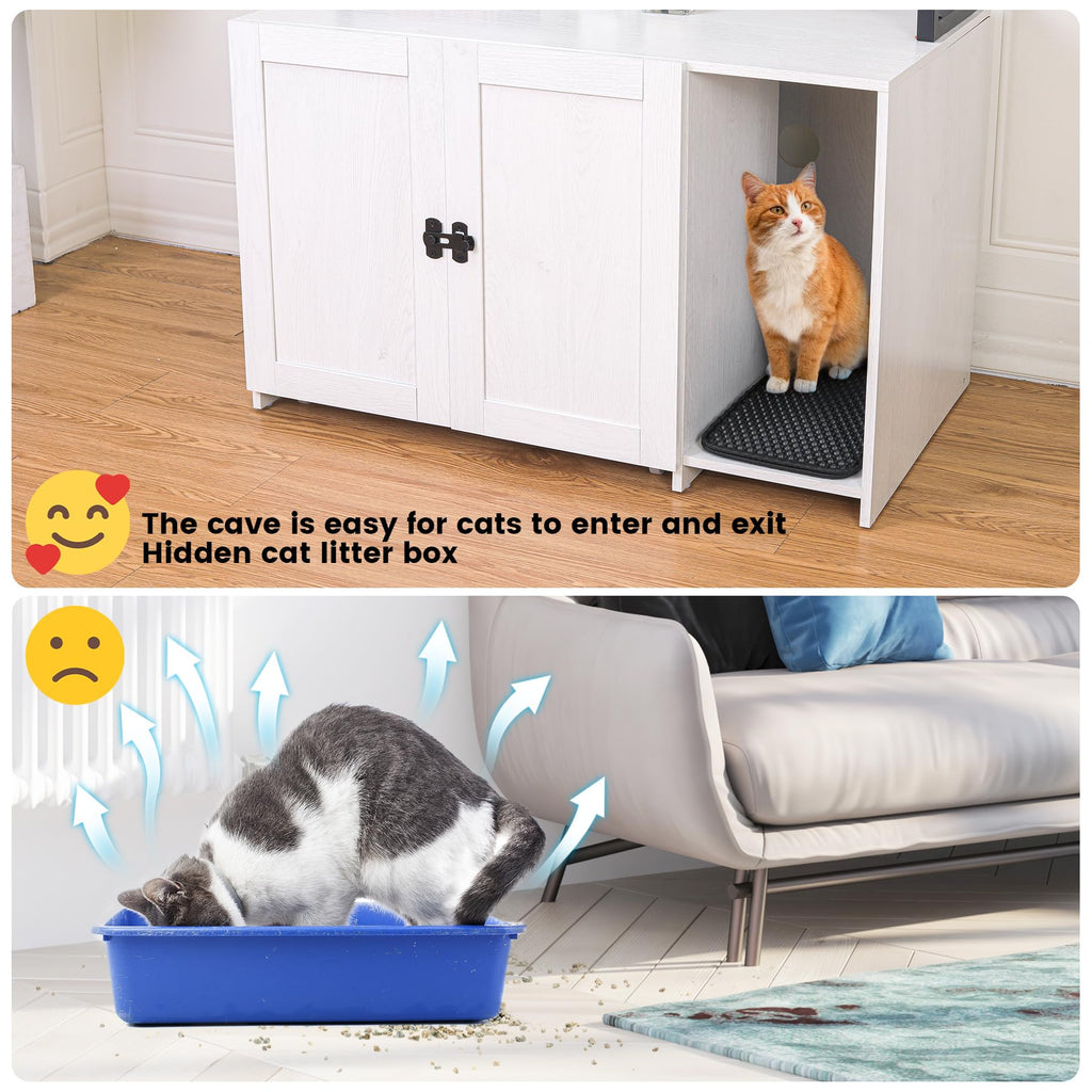 Garvee Cat Litter Box Enclosure, Hidden Cat Litter Box Furniture, Large Double Door Cat House with 3 Shelves and Charging Station, Push-Pull Mobile Chassis