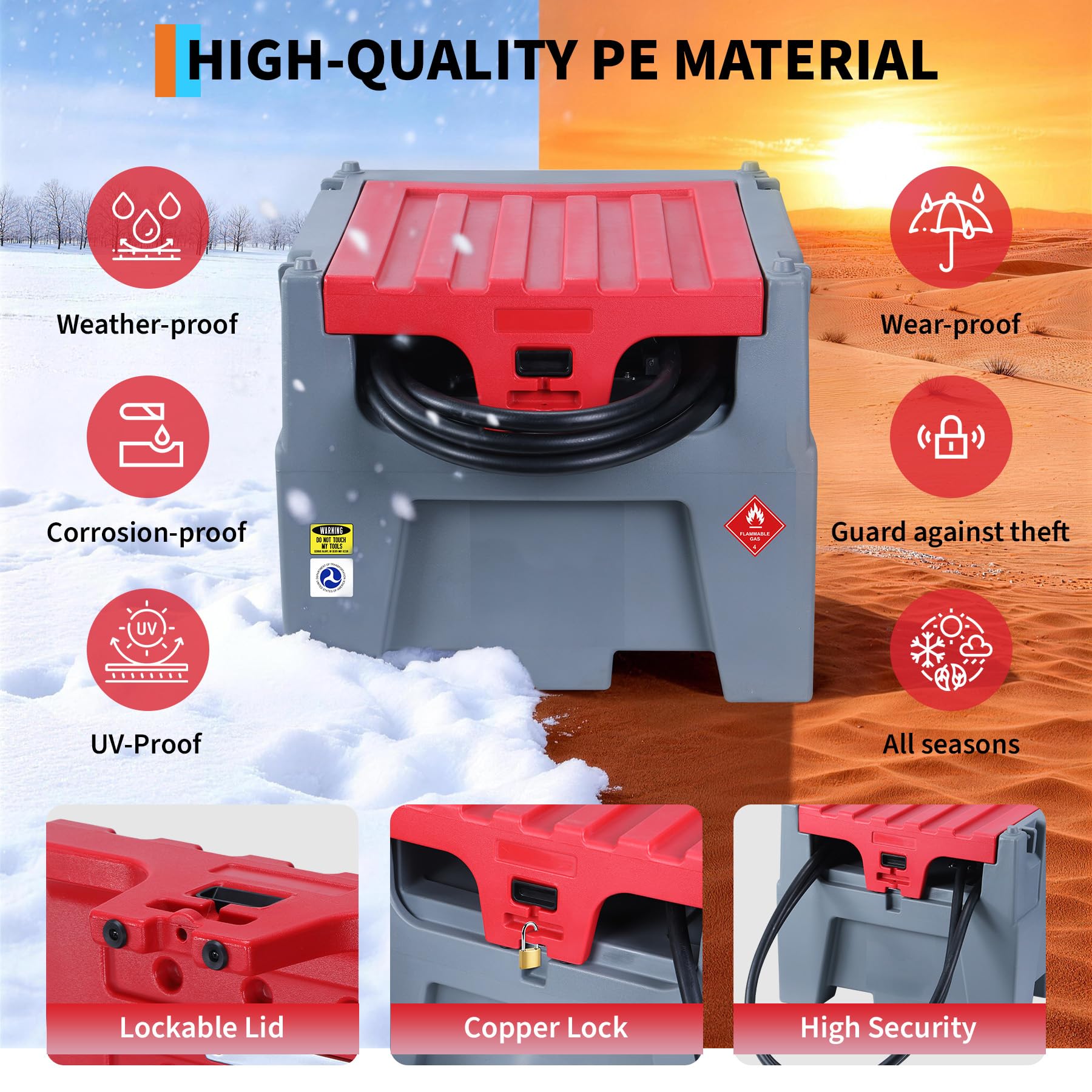 Garvee Portable Diesel Tank 60 Gallon Capacity With 12V Electric Transfer Pump And 13.1ft Rubber Hose For Easy Fuel Transportation, Red