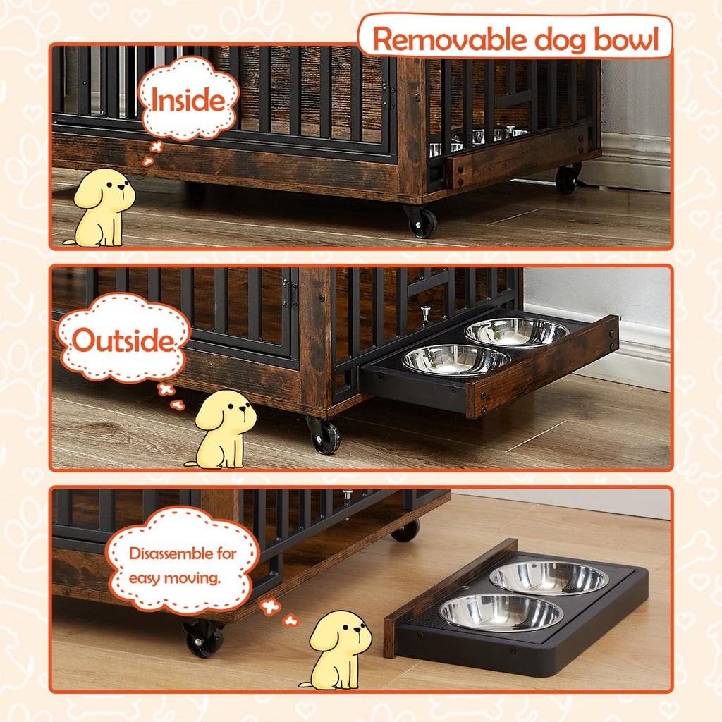 Garvee Dog Crate Furniture Decorative Wooden Dog Kennel End Table With Chew-Proof Metal Barrier And Dog Bowls For Small Medium Large Dogs Brown