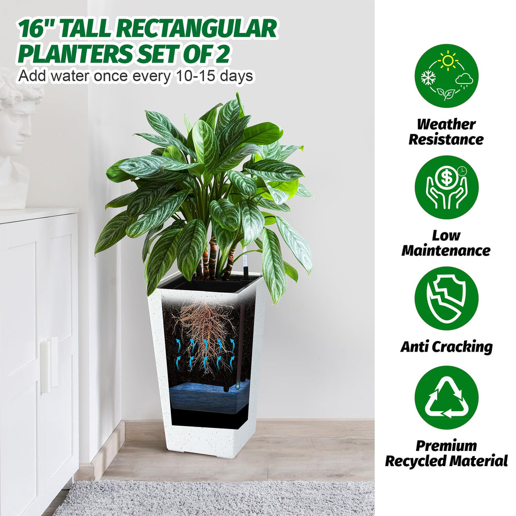 Garvee 21.6" Tall Rectangular Planters Set of 2 Large Modern Plant Pots with Drainage Holes＆Water Level Monitor＆Wheels Outdoor and Indoor for Patio, Porch, Living Room, or Home Office,White and Black Dots