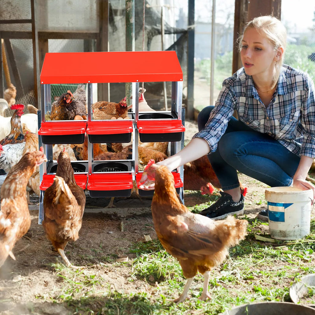 Garvee Nesting Boxes for Chickens, 6 Compartment Roll Away Nesting Box with Egg Collection, Perch, Lid Cover for Egg Protection, Wall Mount/Free Standing Nest Box for Chickens