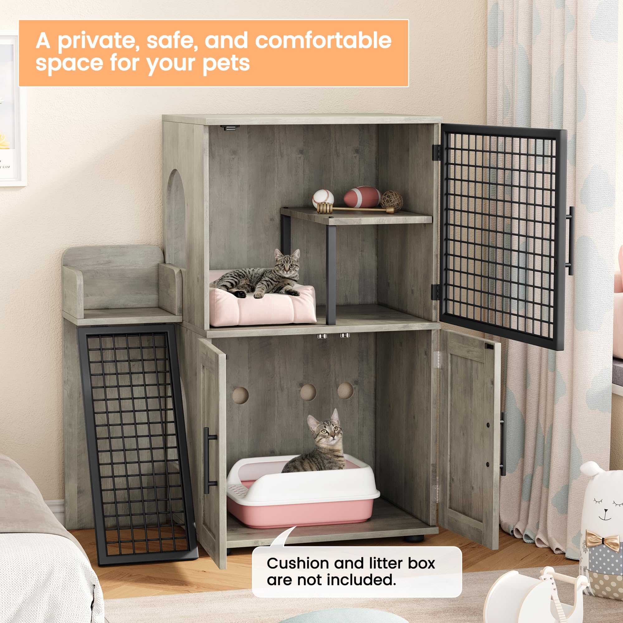Garvee Modern Villa Cat Litter Box Enclosure with Platform, Double Layer, MDF Panel, Ladder, Hidden Washroom, 33.5"L x 17.9"W x 41.9"H, Light Grey, Indoor Use
