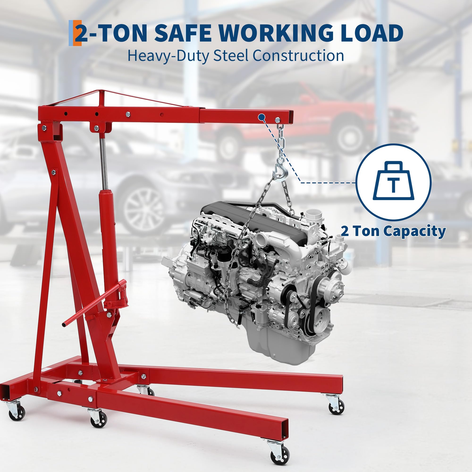 Garvee Engine Hoist Cherry Picker 2 Ton Folding Hydraulic Shop Crane with Telescopic Boom 24-48" Reach, Red
