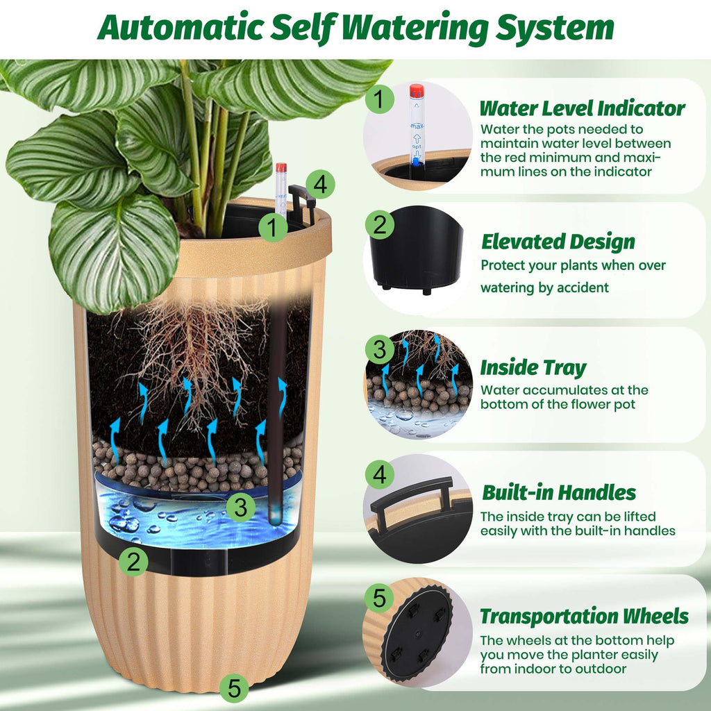 Garvee 23" Tall Self-Watering Planters Set of 2 with Water Level Monitor & Hidden Wheels - Ideal for Living Room, Office, Patio, Garden, Gold
