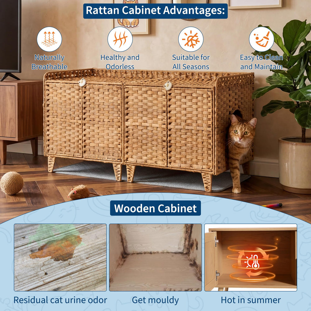 Garvee Cat Litter Box Enclosure Furniture Handwoven Rattan Hidden Washroom Large Space Natural for Living Room Bedroom