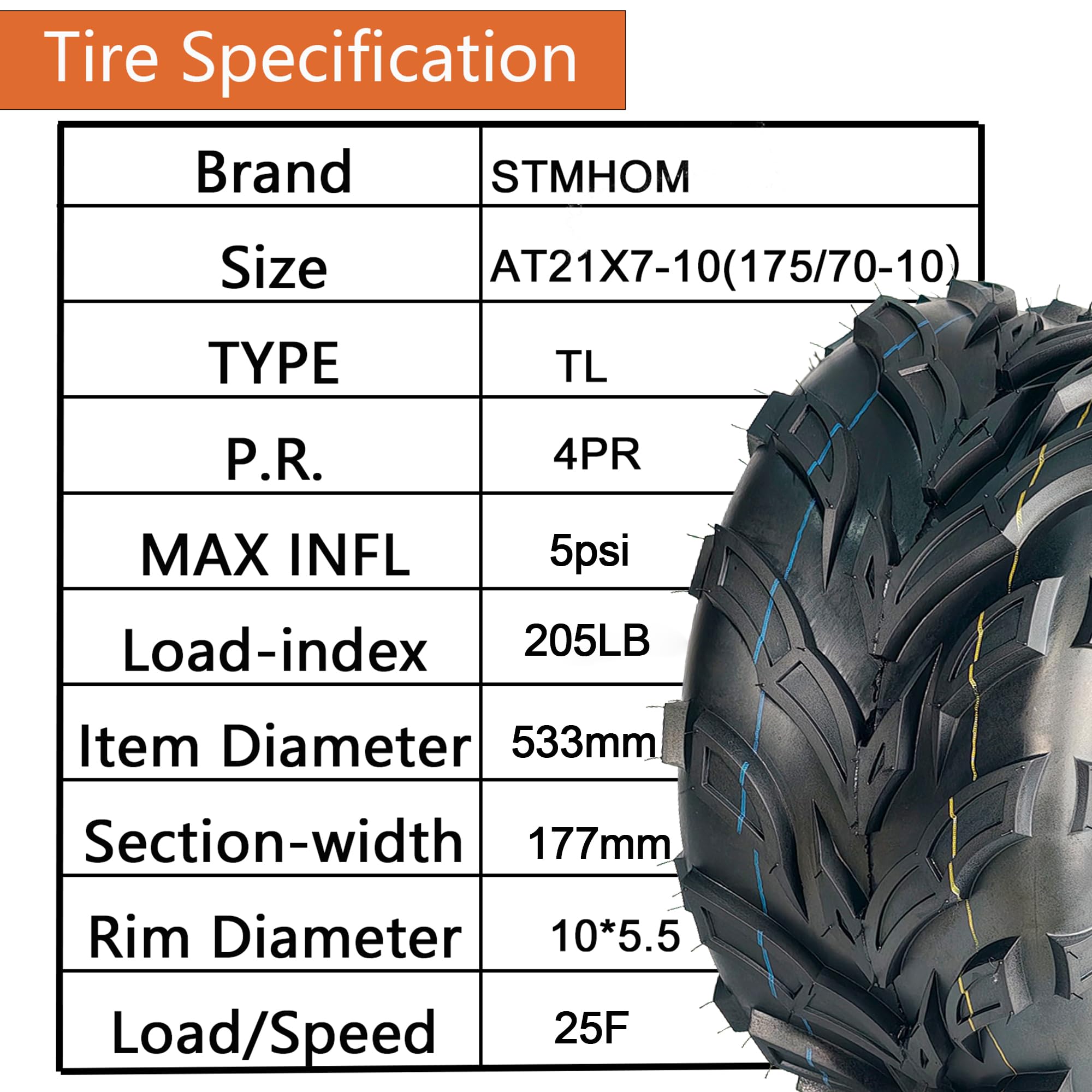Garvee Set of 2 All Terrain ATV Tires 21X7-10 (175/70-10) Tubeless Durable Rubber 4PR Load Capacity