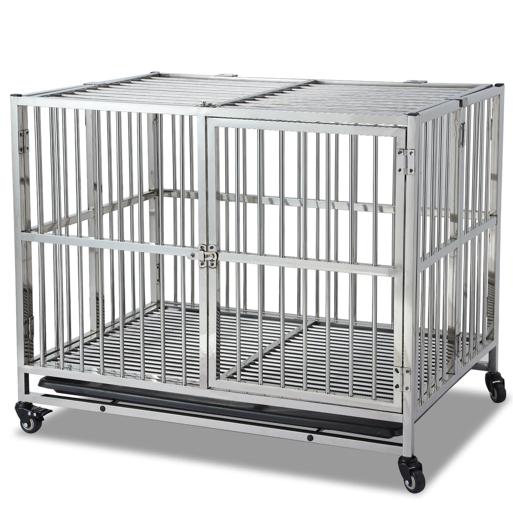 Garvee 38" Heavy Duty Indestructible Dog Crate Steel Escape Proof Dog Cage Kennel for Small Medium Large Dogs Indoor Double Door High Anxiety Dog Crate with Wheels, Lock& Removable Tray, Silver (38 Inch)
