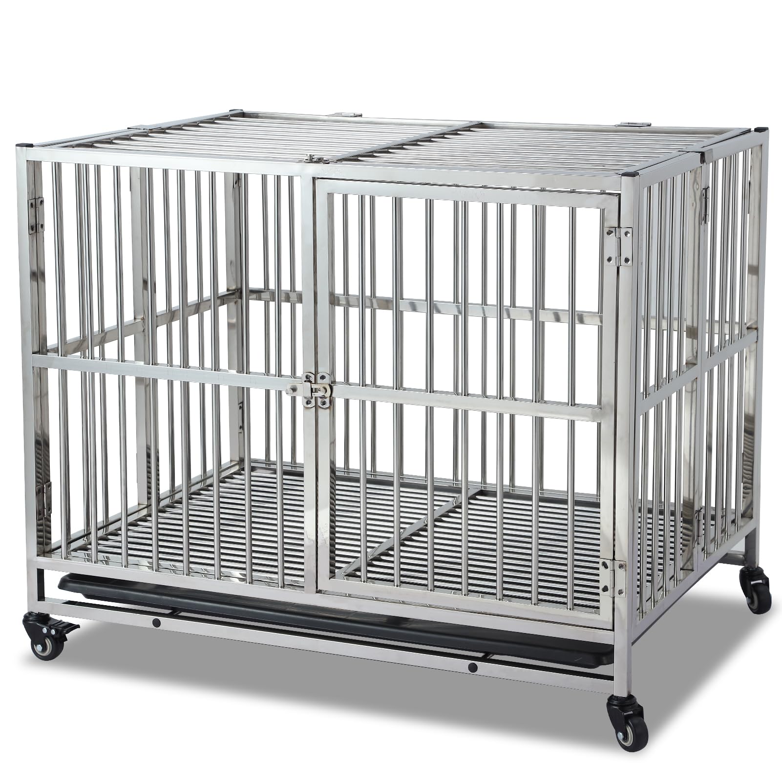 Garvee 38" Heavy Duty Indestructible Dog Crate Steel Escape Proof Dog Cage Kennel for Small Medium Large Dogs Indoor Double Door High Anxiety Dog Crate with Wheels, Lock& Removable Tray, Silver (38 Inch)