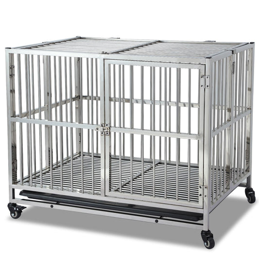 Garvee 38" Heavy Duty Indestructible Dog Crate Steel Escape Proof Dog Cage Kennel for Small Medium Large Dogs Indoor Double Door High Anxiety Dog Crate with Wheels, Lock& Removable Tray, Silver (38 Inch)
